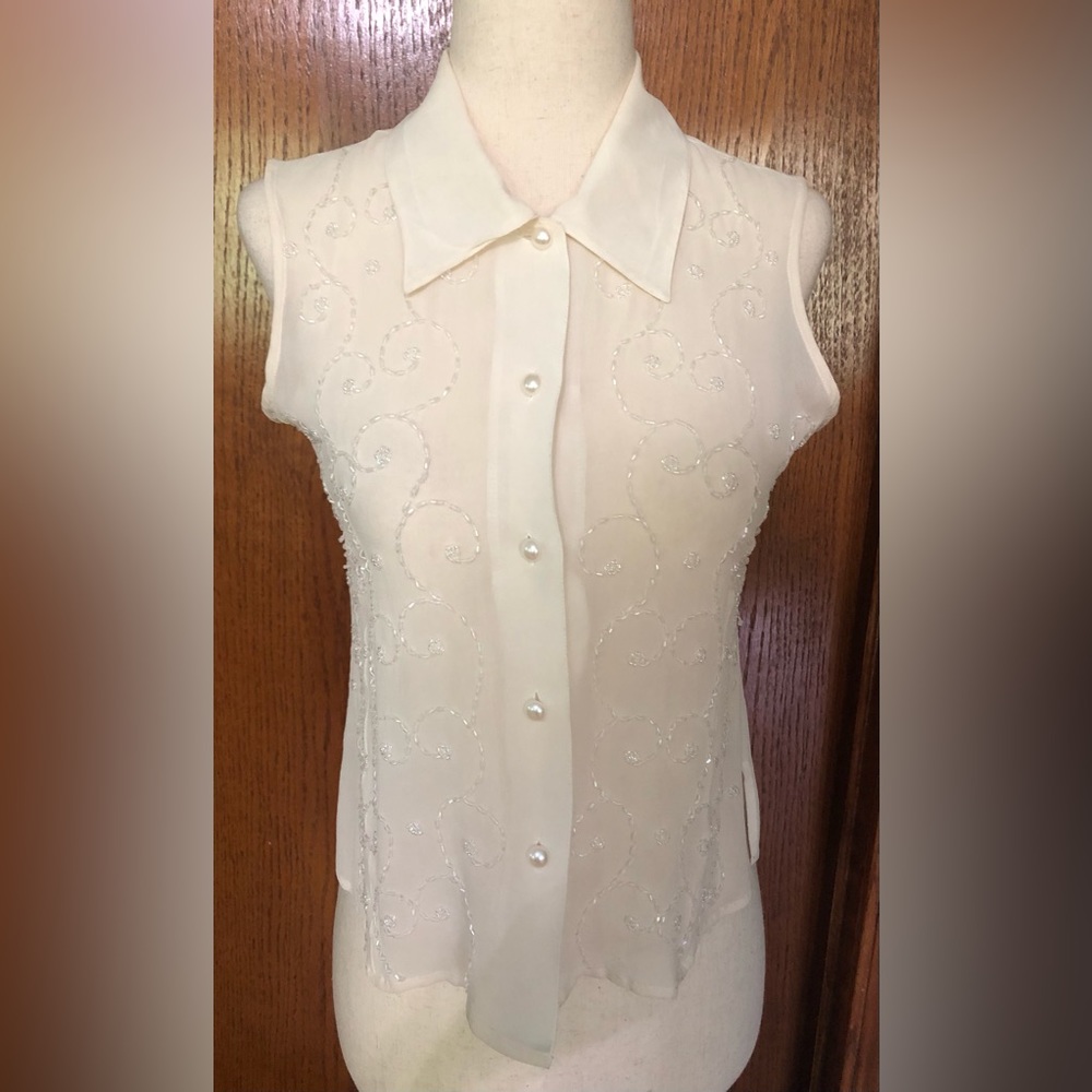 * Vintage* Beaded sheer sleeveless silk  blouse by Gantos